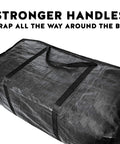 XXL 68.5 Gallon Heavy Duty Storage Bags Two Pack with mega strong wrap around handles, black reusable moving tote, close view.