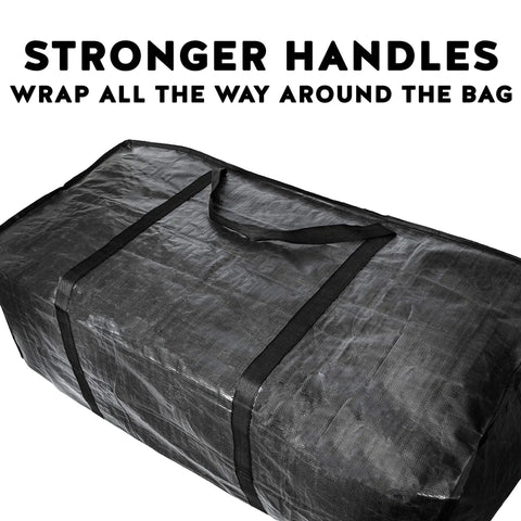 XXL 68.5 Gallon Heavy Duty Storage Bags Two Pack with mega strong wrap around handles, black reusable moving tote, close view.