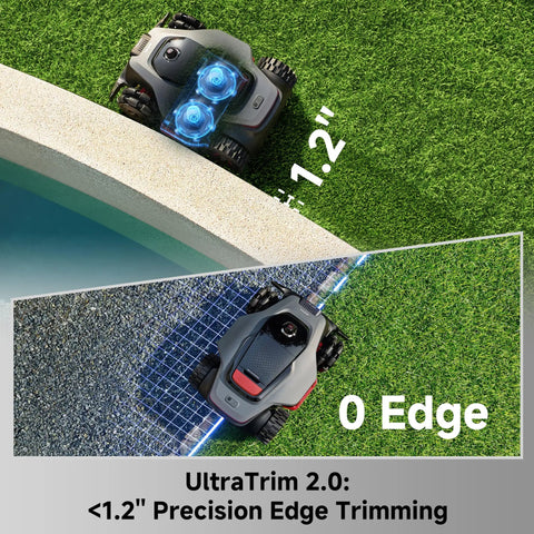 LiDAX Ultra 3000 All Terrain Robotic Lawn Mower trimming edge with 1.2 inch precision using AWD and 4G LiDAR mapping.