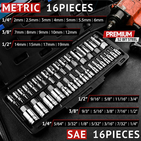 32 Piece Hex Bit Socket Set For SAE And Metric With Hardened S2 Alloy Steel and Cr V Bits Chrome Plated Mirror Finish in case