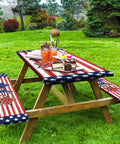 Flag Inspired Picnic Table Cover With Bench Covers, Waterproof Elastic Fitted Tablecloth for Outdoor Tailgate Dining on table