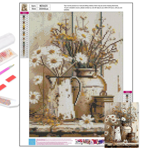 Rustic Flowers Daisy Diamond Painting Kit For Adults 5D Full Drill Gem Art Set 12x16 Inch Beginner Friendly Diy Home Wall Decor With Color Coded Rhinestones And Tools For Chill Fun image