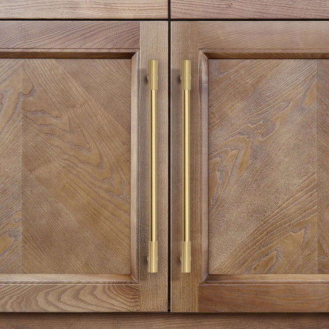 No Nonsense Solid Brass Cabinet Pulls With Sleek Brushed Gold Finish on wooden cabinet doors, 11 1/4 Inch spacing.