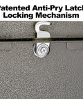 Close-up of the anti-pry latch locking mechanism on 7164 Metro Bronze High Capacity Wall Mounted Locking Mailbox With Anti Pry Latch And 12 Wafer Disc Lock Built Tough From Heavy Duty Electrogalvanized Steel Includes Quick Mount Bracket For Easy Installation Weather Resistant Security showing textured metal surface.