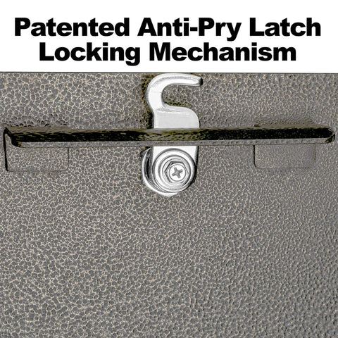 Close-up of the anti-pry latch locking mechanism on 7164 Metro Bronze High Capacity Wall Mounted Locking Mailbox With Anti Pry Latch And 12 Wafer Disc Lock Built Tough From Heavy Duty Electrogalvanized Steel Includes Quick Mount Bracket For Easy Installation Weather Resistant Security showing textured metal surface.