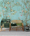 Chinoiserie Floral Wallpaper With Birds In Turquoise Backdrop in modern living room, removable peel and stick, 100x150 inches