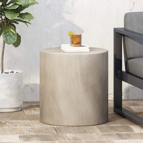 Cylindrical Outdoor Side Table In Light Gray For Patio And Backyard Modern Durable End Table With Smooth Design Weather Resistant Ideal For Chill Outdoor Hangouts And Seating Areas