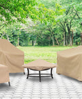 Patio with khaki heavy duty PVC covers over furniture, including a loveseat, with waterproof backing, 55x33x38 inches.