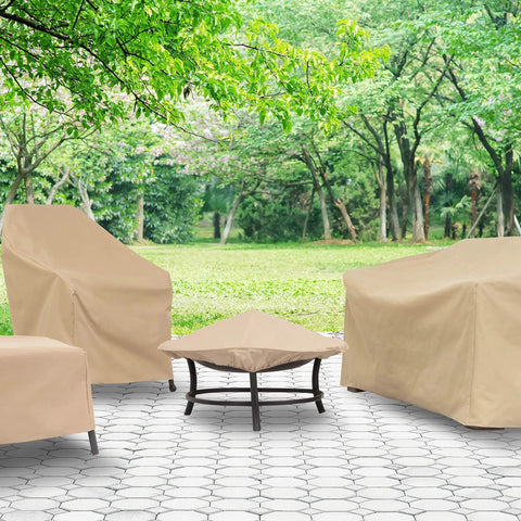 Patio with khaki heavy duty PVC covers over furniture, including a loveseat, with waterproof backing, 55x33x38 inches.