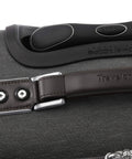 Close-up of handle and texture of Underseat Spinner Tote With USB Port For Easy Travel 16 Inch Carry On Luggage In Vintage Grey.