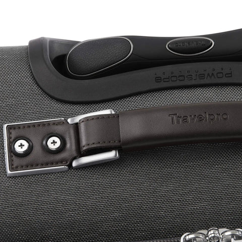 Close-up of handle and texture of Underseat Spinner Tote With USB Port For Easy Travel 16 Inch Carry On Luggage In Vintage Grey.