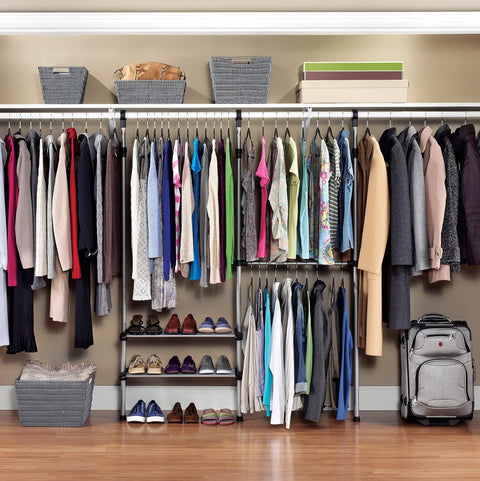 Heavy Duty 2 Shelf 2 Rod Closet System For Clothes Shoes And Accessories Adjustable Space Saving Organizer in use