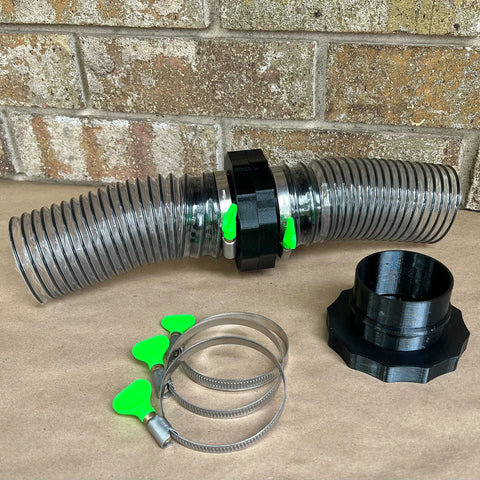 2.5-inch Port MagDuct dust-collection starter kit with corrugated metal duct, magnetic quick-disconnect fittings, clamps, and end cap.