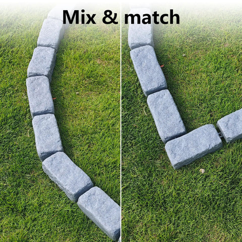 Realistic Faux Stone Landscape Edging Kit With 24 Bricks, 15.5 Ft Total arranged on lawn, close-up view of interlocking design.