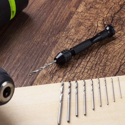 Hand Drill Set With 10 Drill Bits 0.6-3.0mm for jewelry and resin craft, pin vise drill on wood surface with bits displayed