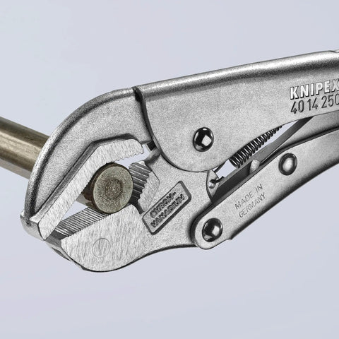 Close-up of heavy duty pivoting locking pliers with auto adjusting jaw and release lever for ultra secure grip.