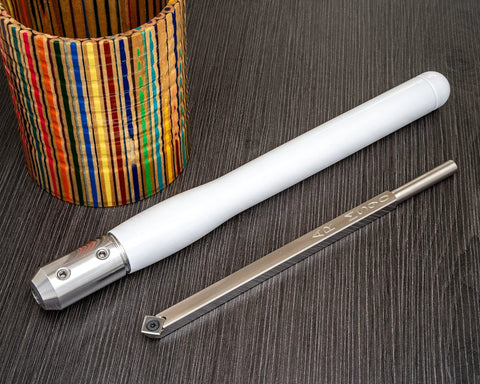 Three-piece carbide woodturning tool set for acrylic/resin; 9-inch tools with 12-inch colored handles.