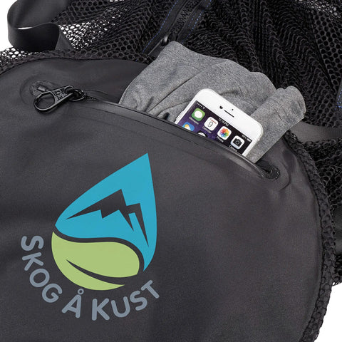 SCUBASak Collapsible Mesh Duffle Bag With Exterior Waterproof Pocket For Dive Gear And Travel, shown with phone and hoodie.