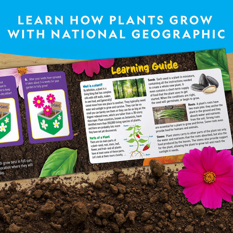 Kids Flower And Herb Gardening Kit with learning guide, soil, and cosmos flower for a fun home or classroom project.