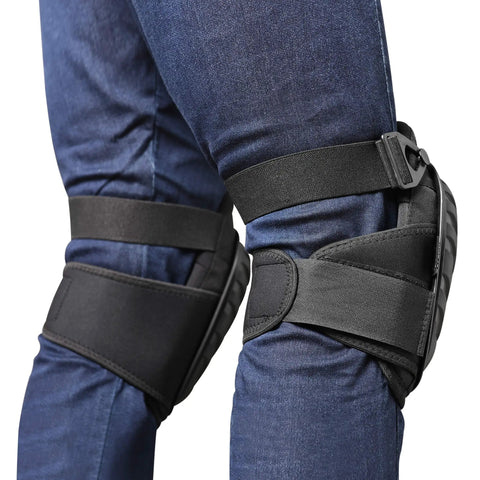 Close-up of All Day Comfort Heavy Duty Gel Knee Pads with thick foam padding, worn over jeans, showcasing secure adjustable straps.