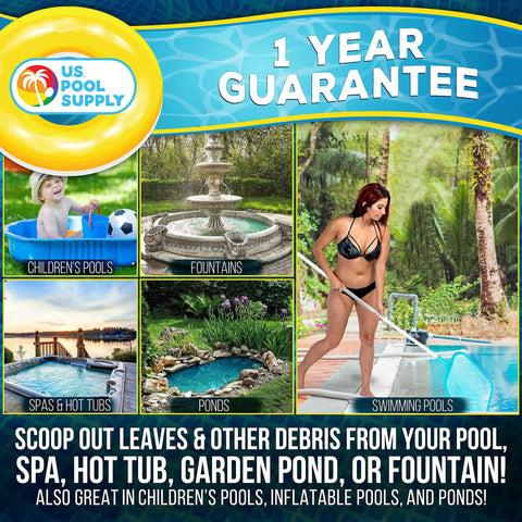 Five Foot Leaf Skimmer Pool Net With Adjustable Aluminum Pole Sections used in pools, spas, hot tubs, and ponds for debris cleanup.