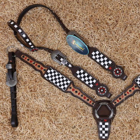 Top Shelf Western Leather Headstall And Breast Collar Tack Set With Lucky Dice Tooling Antique Copper Hardware And Checkyard Patterns Built For Any Arena Run on hay background.