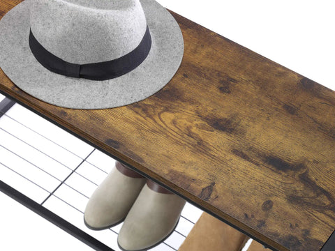 Industrial Entryway Bench With Hidden Storage Shelf, Durable Engineered Wood Top Holds Up To 250 Lbs, shoes underneath