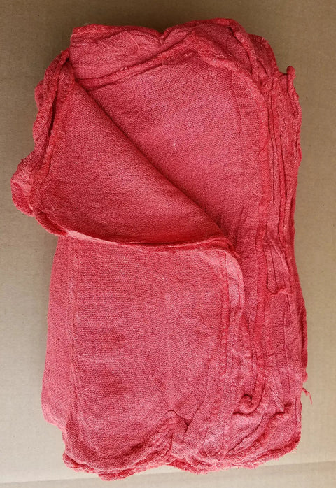 Stack of red 14x14 100% cotton towels, 100 Pack, for auto shops and janitorial use; 100 New Shop Rags And Industrial Cleaning Towels 14x14 Red