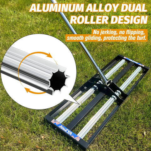 Pro Grade Heavy Duty Lawn Leveling Rake With Aluminum Rollers And Stainless Steel Build, shown on grass.