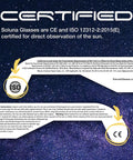 AAS Approved 2024 Solar Eclipse Glasses Made In The USA By NASA Approved Manufacturer For Direct Sun Viewing Top Rated Safe Shades With ISO And CE Certification 5 Pack Perfect For Total Solar Eclipse Chasers And Family Solar Viewing certification details with CE and ISO symbols over starry background.