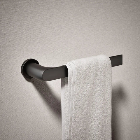 Avid Towel Arm Matte Black Open Ended Design For Easy Access Premium Metal Construction with white towel on wall