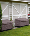 Ravenna 133 Gallon Water Resistant Deck Box for Outdoor Storage next to a shed on a lawn, showing weatherproof patio chest design.