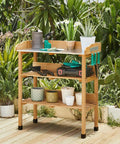 Outdoor Garden Potting Bench With Metal Top Storage Shelf And Three Hooks Durable Fir Wood Workstation With Plants