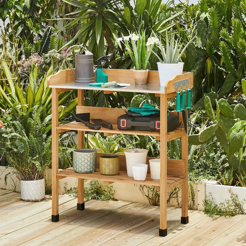 Outdoor Garden Potting Bench With Metal Top Storage Shelf And Three Hooks Durable Fir Wood Workstation With Plants
