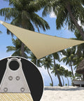 Beige 24 Feet By 24 Feet By 24 Feet Beefy Heavy Duty Triangle Shade Sail With Super Ring Canopy Awning installed on beach.