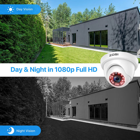 Split image showing day and night vision from Four Pack 2MP 1080p HD TVI Dome Security Cameras Kit For Indoor And Outdoor Use.