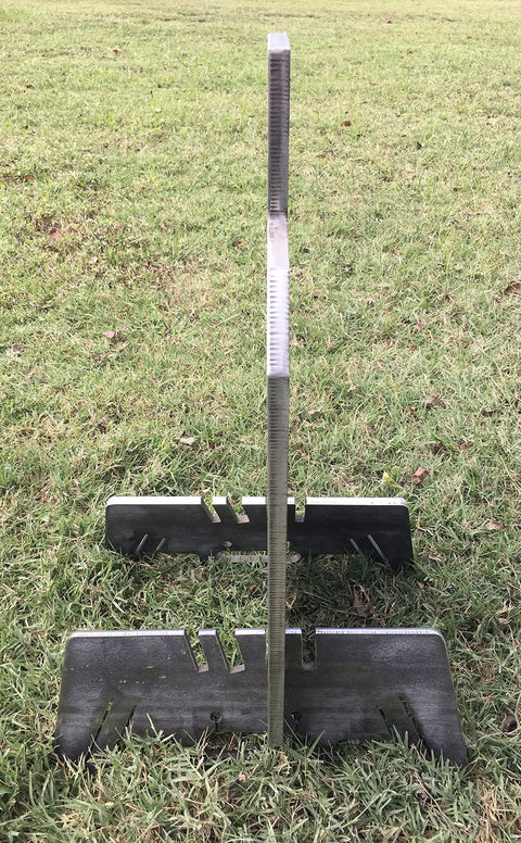 Side view of Portable 3/8 Inch AR500 Steel Shooting Ground Target 12x20 With Stand on grass showing slotted assembly.