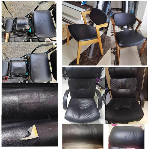 Image showing before and after of Self Adhesive Leather Repair Patch Peel And Stick For Car Seats Armrests Dashboards And Home Furniture Brown Easy DIY Patch For Sofa Chair Table Long Lasting