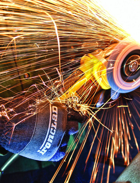 Heatworx Heavy Duty Heat Resistant Gloves With Silicone Palm, Kevlar Liner And Shell, Rated To 600°F, in use with angle grinder