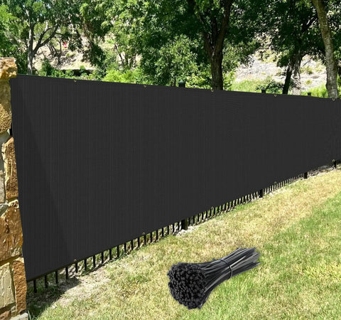 Privacy Fence Screen 4x50 For Yard And Pool Area Heavy Duty Windblock Mesh Shade Cloth With Brass Grommets Black installed on fence