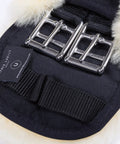 Contoured Dressage Girth For Horses With Real Sheepskin Padding 65cm Anthracite Black showing stainless steel buckles and quilted fabric