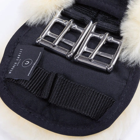 Contoured Dressage Girth For Horses With Real Sheepskin Padding 65cm Anthracite Black showing stainless steel buckles and quilted fabric