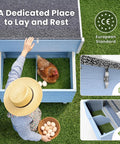 Woman gathering eggs from Weatherproof Wooden Chicken Coop With Indoor Outdoor Walk In Hen House, Run, Nesting Box And Pull Out Tray