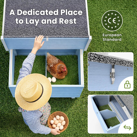 Woman gathering eggs from Weatherproof Wooden Chicken Coop With Indoor Outdoor Walk In Hen House, Run, Nesting Box And Pull Out Tray