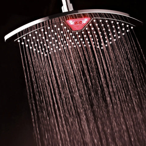 12 Inch Chrome Rainfall LED Shower Head With Color Changing LED LCD Temperature Display Curved Fan Design 123 Rub Free Jets