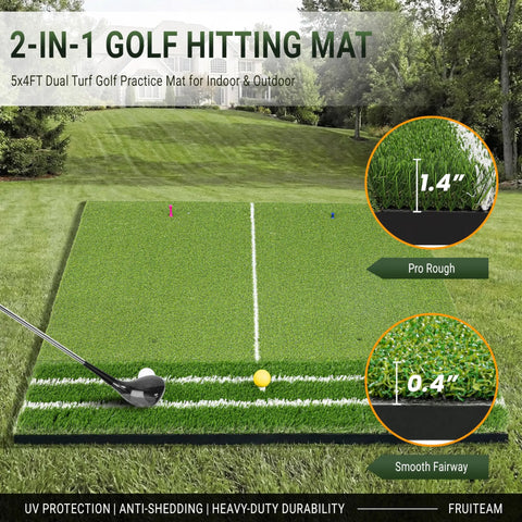 Dual Turf Golf Mat 5x4ft for backyard indoor practice with thick 21mm-45mm hitting surface shown on grass with alignment aid
