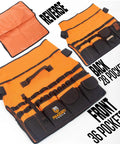 64 Pocket Bucket Tool Organizer Caddy with 600D Canvas, showing front and back with 36 and 28 pockets respectively