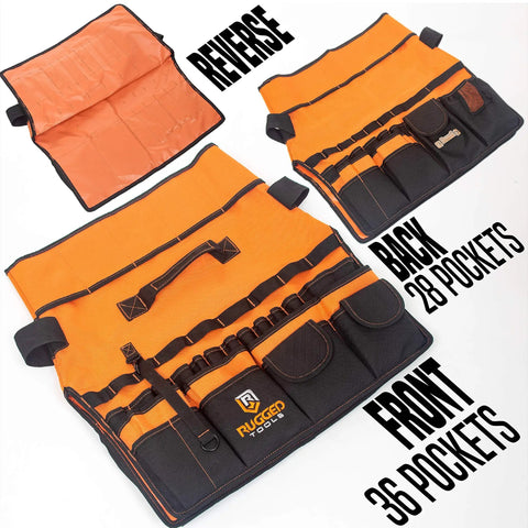64 Pocket Bucket Tool Organizer Caddy with 600D Canvas, showing front and back with 36 and 28 pockets respectively