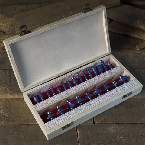 24 Piece Router Bit Set With 0.25-Inch Shank And Wooden Storage Case For Woodworking, DIY Home Improvement Kit in open case