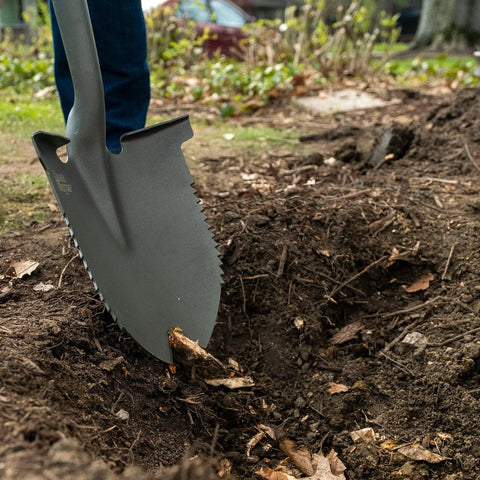 XL Round Point Digging Shovel For Heavy Duty Gardening And Yard Work With Fiberglass Handle Steel Spade Serrated Edge in soil